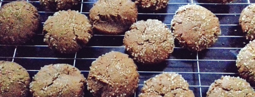 Ginger cookies on a wire rack on a black worktop